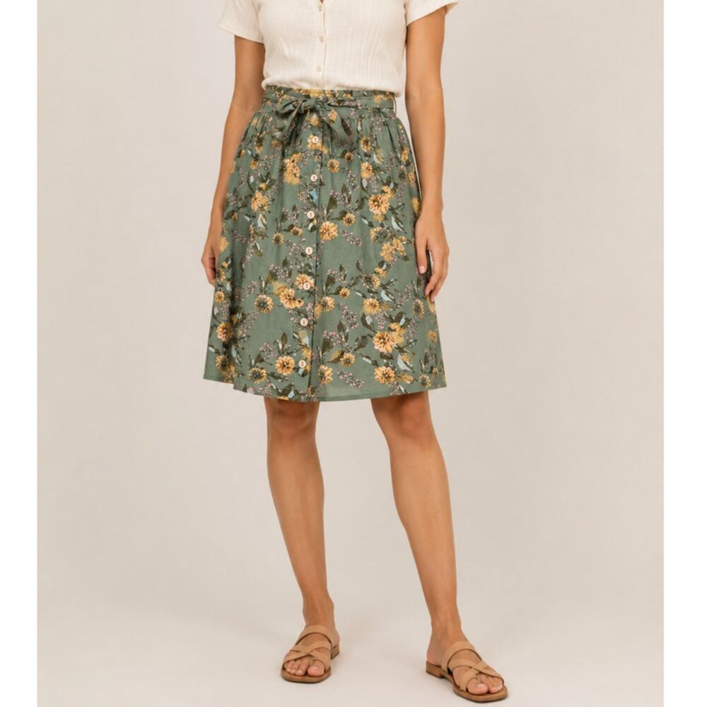Linen Blend Green Floral Button Front Midi Skirt Small Boho Cottagecore